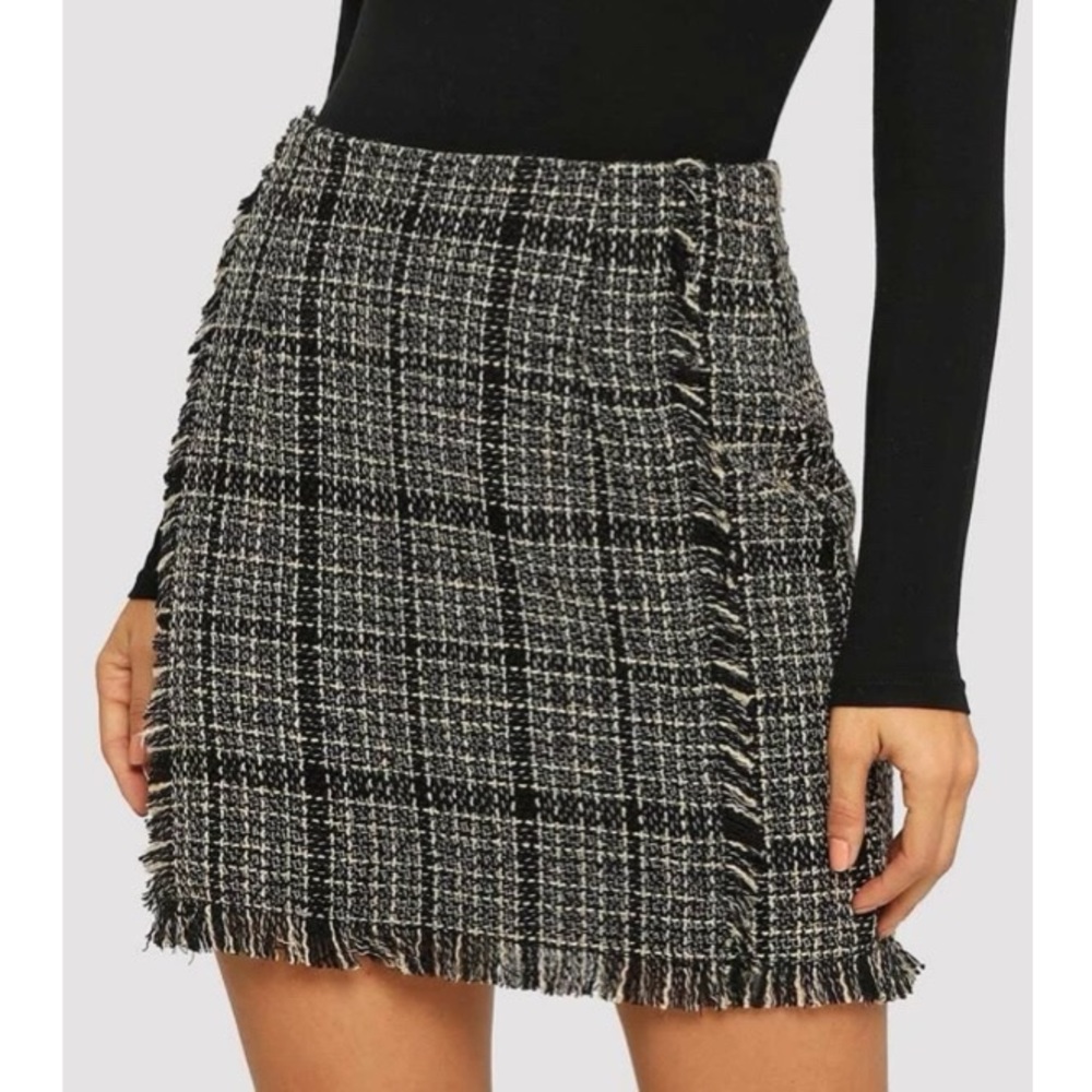 Frayed Plaid Tweed Skirt